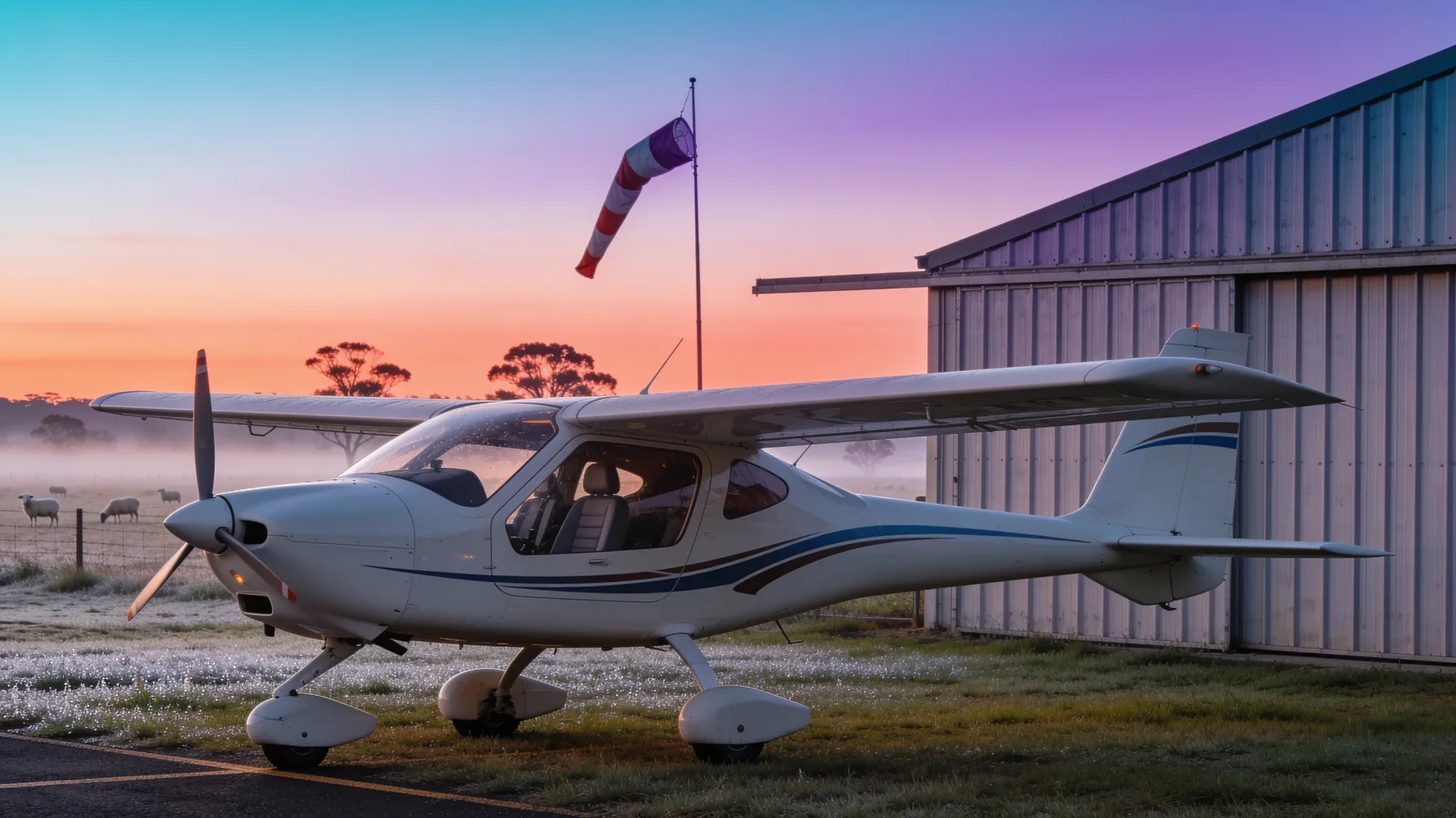 A recreational light sport aircraft on a frosty grass strip at sunrise beside a tin hangar.
